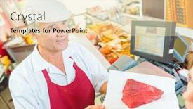  Presentation with butcher - Presentation design featuring butcher presenting a cut of beef to a customer background and a lemonade colored foreground