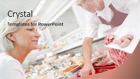  Presentation with butcher - Slide deck enhanced with butcher serving a senior customer background and a  colored foreground