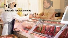  Presentation with butcher shop - Slide deck enhanced with butcher serving customer in shop background and a lemonade colored foreground