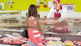  Presentation with butcher - Amazing theme having butcher serving his customer on a grocery backdrop and a coral colored foreground