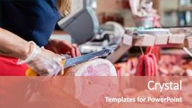  Presentation with butcher - PPT theme featuring butcher shop assistant cutting ham background and a coral colored foreground