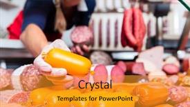  Presentation with butcher shop - Colorful slide deck enhanced with butcher shop woman holding meat backdrop and a gold colored foreground