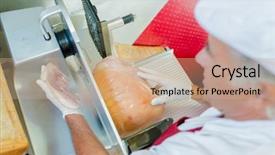  Presentation with butcher - PPT layouts with snack machine - butcher slicing ham background and a coral colored foreground