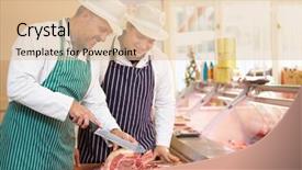  Presentation with butcher - Audience pleasing slides consisting of butcher teaching apprentice how to prepare meat backdrop and a lemonade colored foreground