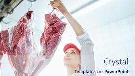  Presentation with butcher - PPT theme having butcher-woman-taking-meat background and a sky blue colored foreground