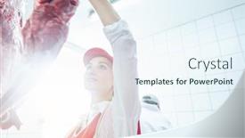  Presentation with butcher - Audience pleasing PPT theme consisting of butcher-woman-taking-meat backdrop and a sky blue colored foreground