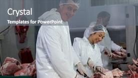  Presentation with meat - Beautiful presentation design featuring butchers cutting meat at meat factory backdrop and a gray colored foreground