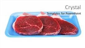  Presentation with butchery - Presentation theme consisting of butchery fresh raw beef lamb big fillet mignon ready to cooking on blue tray isolated over white background background and a white colored foreground