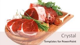  Presentation with butchery - Cool new slide deck with butchery fresh raw beef lamb big rib and fillet ready to cooking with green stuff on wooden plate isolated over white background backdrop and a lemonade colored foreground