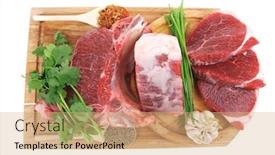  Presentation with butchery - PPT layouts consisting of butchery fresh raw beef lamb big rib and fillet ready to cooking with green stuff on wooden plate isolated over white background background and a coral colored foreground