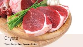  Presentation with butchery - PPT theme having butchery fresh raw beef lamb big rib and fillet ready to cooking with green stuff on wooden plate isolated over white background background and a coral colored foreground