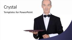  Presentation with waiter - Beautiful slide deck featuring butler - waiter in tuxedo holding backdrop and a white colored foreground