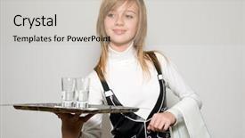  Presentation with butler - Presentation theme having butler maid - young waitress with a tray background and a soft green colored foreground