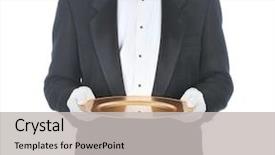  Presentation with butler - PPT theme consisting of butler wearing tuxedo holding tray background and a light gray colored foreground