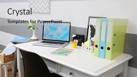  Presentation with workplace - Colorful PPT theme enhanced with butterfly book - stylish workplace with laptop backdrop and a light gray colored foreground