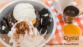  Presentation with chocolate ice cream - Audience pleasing presentation consisting of buttermilk - ice cream with pancake backdrop and a coral colored foreground