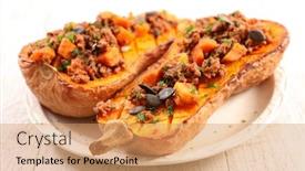  Presentation with beef - Colorful slide deck enhanced with butternut-stuffed-with-beef backdrop and a coral colored foreground