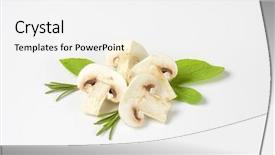  Presentation with tulsi herbs - Slides consisting of button mushroom - handful of cut champignons background and a white colored foreground