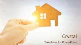  Presentation with flat - PPT theme enhanced with project buy - man's hand holds wooden flat background and a cream colored foreground
