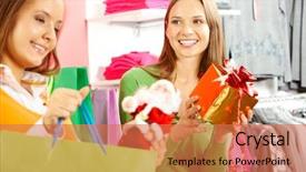 Presentation with trade - PPT theme enhanced with buy sale - photo of happy woman looking background and a coral colored foreground