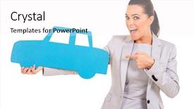  Presentation with thin blue line police symbol - Colorful slides enhanced with buy sell - excited young woman pointing blue backdrop and a  colored foreground