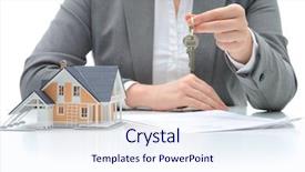  Presentation with house - Slide deck with buy sell - woman signs purchase agreement background and a sky blue colored foreground