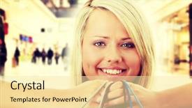  Presentation with woman pushing shopping trolley - Audience pleasing slide deck consisting of buy shoping - attractive young blond woman backdrop and a  colored foreground