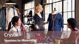  Presentation with garment - Colorful slide deck enhanced with three fashion designers in meeting backdrop and a tawny brown colored foreground