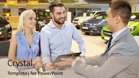  Presentation with car buying - Beautiful PPT theme featuring buying car in auto show backdrop and a coral colored foreground