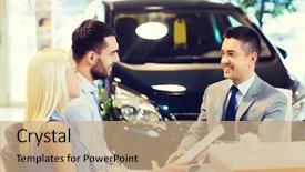  Presentation with car dealer - Presentation design featuring buying car in auto show background and a coral colored foreground