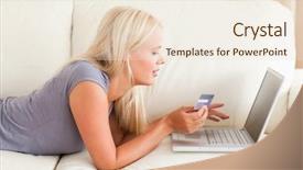  Presentation with purchasing - Slides featuring buying computer - beautiful woman purchasing online background and a  colored foreground