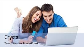  Presentation with accounting financial bank banking account - Beautiful presentation theme featuring buying computer - couple using bank card online backdrop and a light blue colored foreground