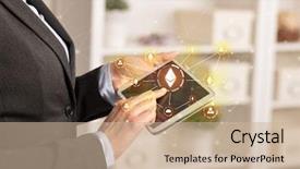  Presentation with bitcoin network - Theme enhanced with buying electricity - business woman using tablet background and a soft green colored foreground