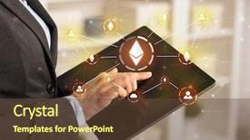  Presentation with bitcoin network - Cool new PPT theme with buying electricity - business woman using tablet backdrop and a tawny brown colored foreground