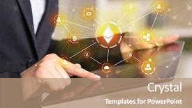  Presentation with bitcoin network - PPT theme featuring buying electricity - business woman using tablet background and a coral colored foreground