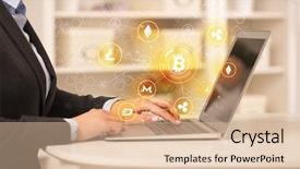  Presentation with bitcoin network - Colorful presentation design enhanced with buying electricity - business woman working on tablet backdrop and a lemonade colored foreground