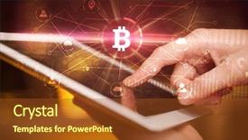  Presentation with bitcoin network - PPT layouts enhanced with buying electricity - hand using tablet with cryptocurrency background and a  colored foreground