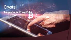  Presentation with bitcoin network - PPT layouts having buying electricity - hand using tablet with cryptocurrency background and a ocean colored foreground