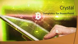  Presentation with bitcoin network - Amazing theme having buying electricty - hand using tablet with cryptocurrency backdrop and a yellow colored foreground