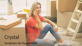  Presentation with talking on phone - Presentation consisting of young woman talking on phone background and a coral colored foreground