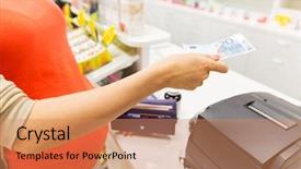  Presentation with medicine pregnant woman - Slide deck consisting of buying medication at cash background and a coral colored foreground