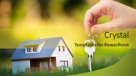  Presentation with house key - PPT theme consisting of buying property - hand holding key against house background and a yellow colored foreground