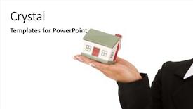  Presentation with house - Colorful presentation design enhanced with buying property - young businesswoman presenting a model backdrop and a  colored foreground