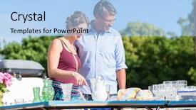  Presentation with flea - Amazing PPT theme having buying stuff at flea market backdrop and a light blue colored foreground