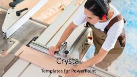  Presentation with television workshop - Audience pleasing slides consisting of buzz - carpenter woman working in her backdrop and a coral colored foreground