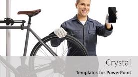  Presentation with mechanic - Cool new PPT theme with bycicle-mechanic-smiling-and-holding backdrop and a light gray colored foreground