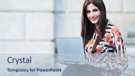  Presentation with cheerful stylish city girl using - Colorful slide deck enhanced with byod - brunette girl using a notebook backdrop and a lemonade colored foreground