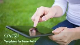  Presentation with using digital tablet - Audience pleasing PPT theme consisting of byod - woman using digital tablet pc backdrop and a tawny brown colored foreground