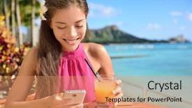  Presentation with waikiki beach - Slide set with byod - woman using smartphone at beach background and a coral colored foreground