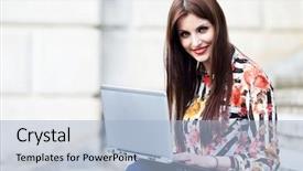  Presentation with cheerful stylish city girl using - Beautiful presentation design featuring byod - young beautiful brunette girl using backdrop and a light blue colored foreground